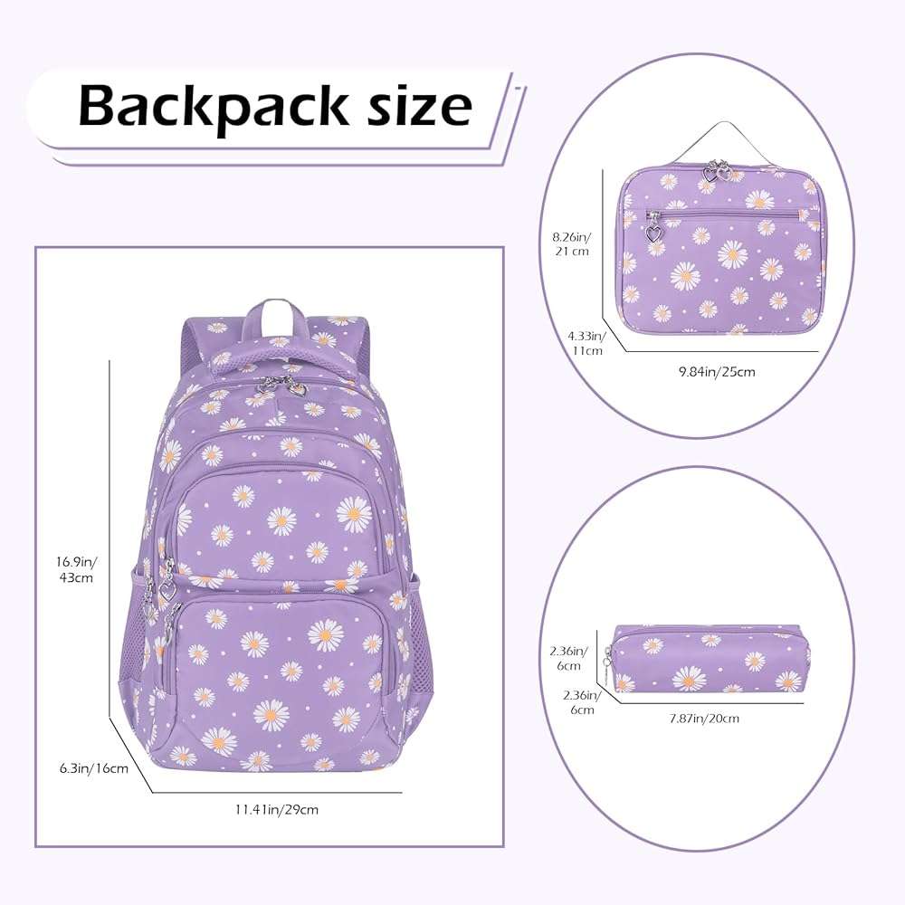 Glodwheat Daisy Printed Backpack For Girls- 3Pc Set With Lunch Box & Pencil Case, Lightweight Water-Resistant Bookbag For Elementary School - Image 3