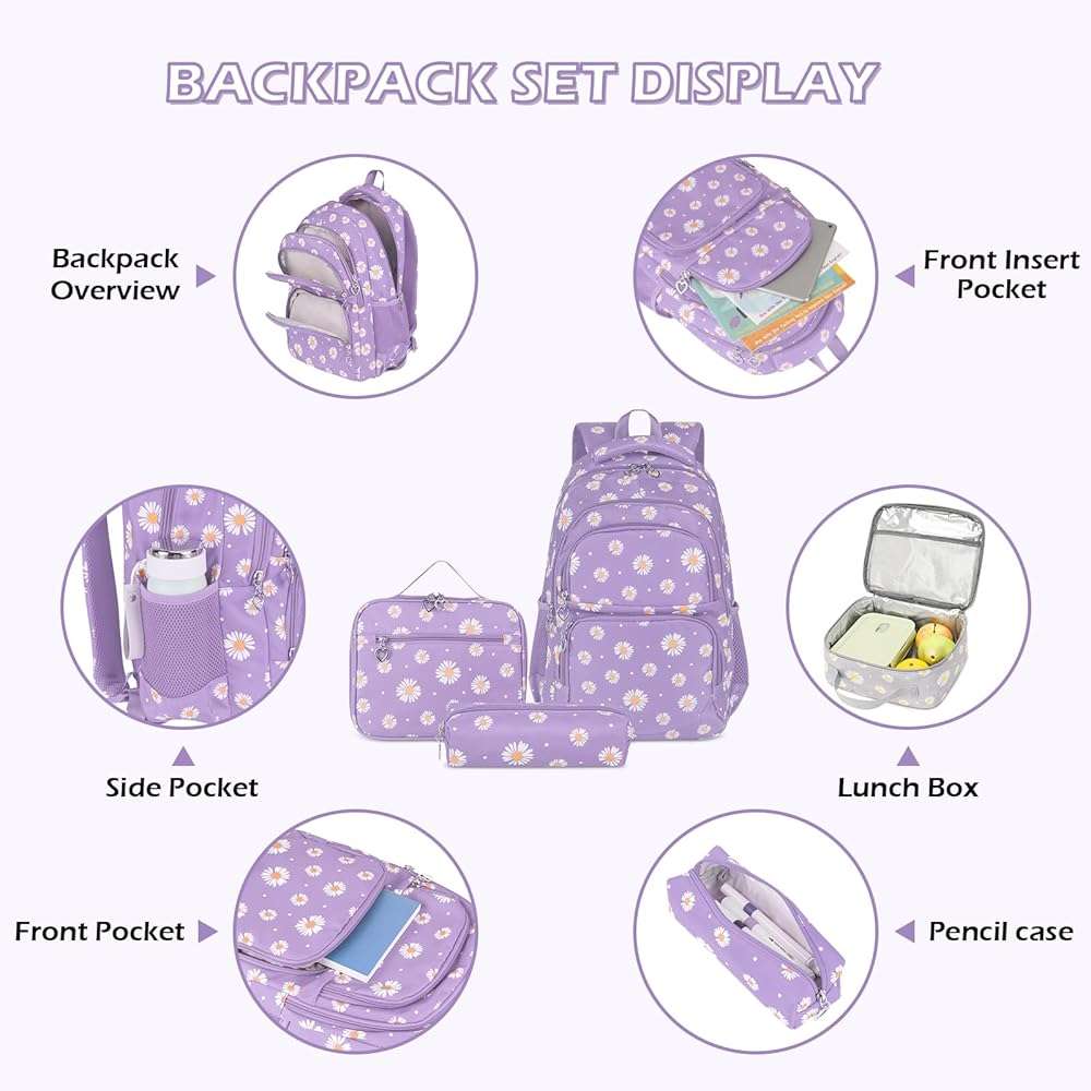 Glodwheat Daisy Printed Backpack For Girls- 3Pc Set With Lunch Box & Pencil Case, Lightweight Water-Resistant Bookbag For Elementary School - Image 4