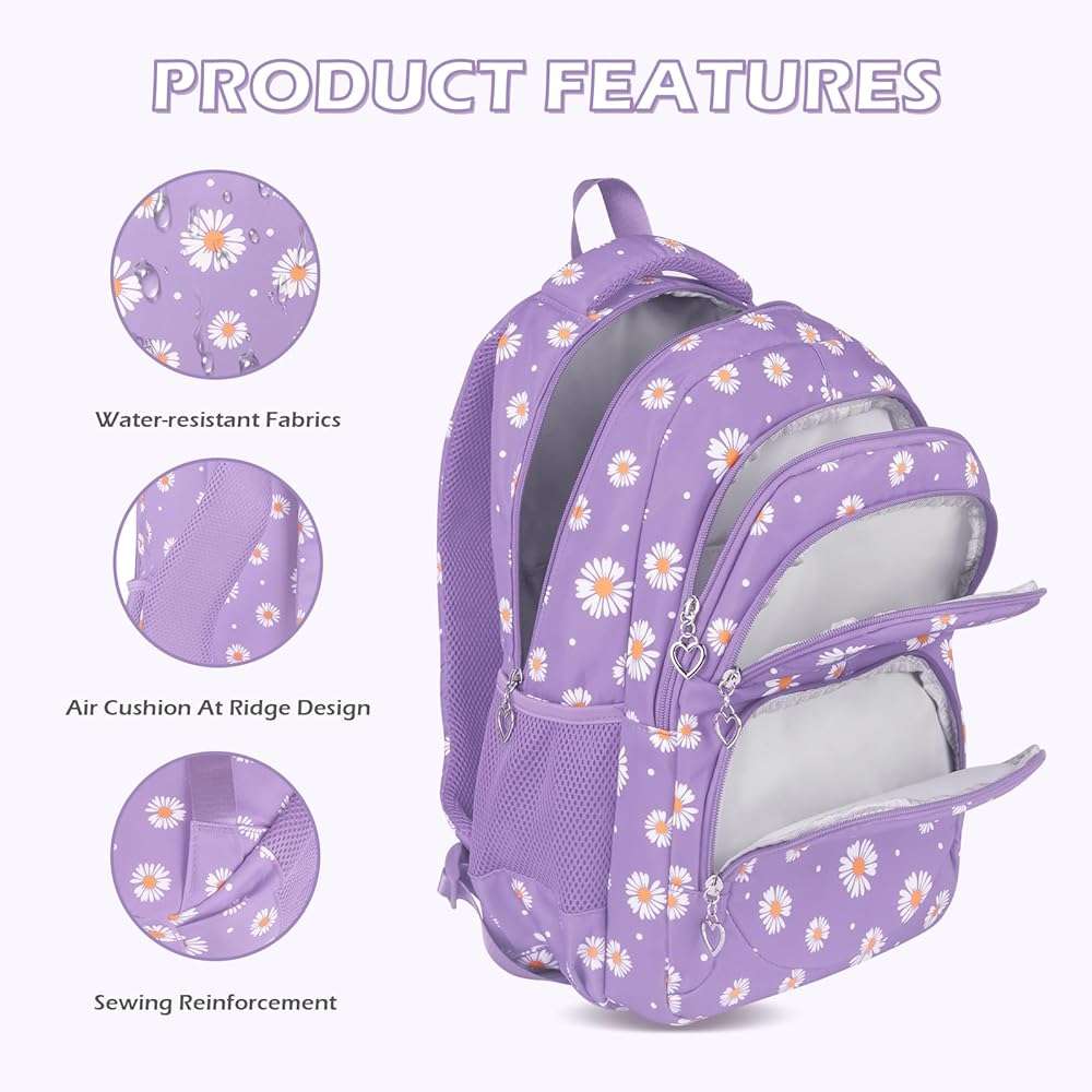 Glodwheat Daisy Printed Backpack For Girls- 3Pc Set With Lunch Box & Pencil Case, Lightweight Water-Resistant Bookbag For Elementary School - Image 5