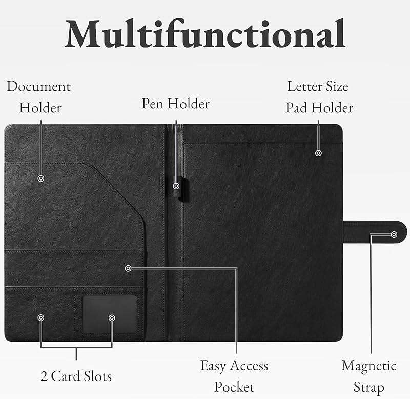 Mymazn Padfolio Portfolio Folder, Faux Leather Interview Resume Folder with Document Organizer & Business Card Holder, Letter-Sized Notepad Legal Pad Holder for Men Women (Black) - Image 4