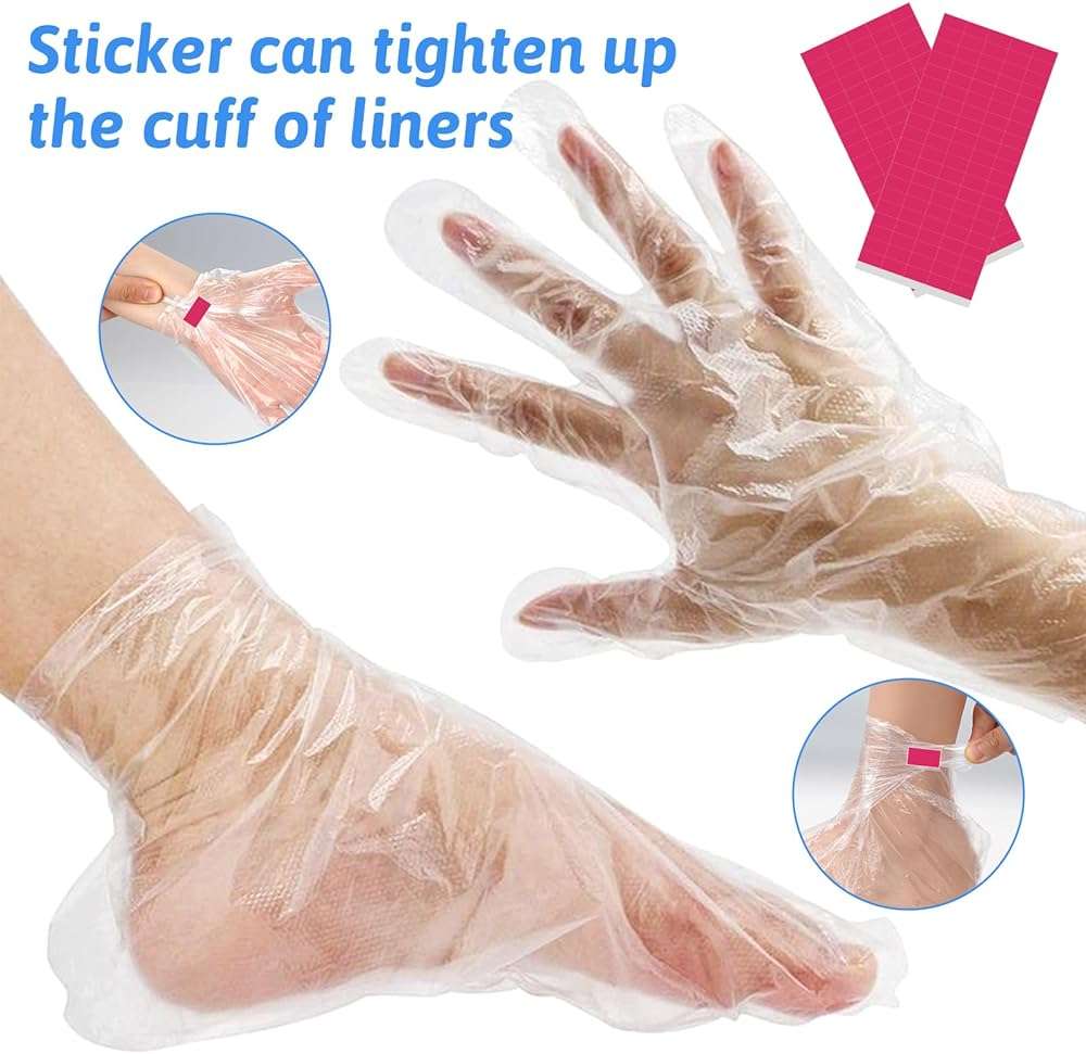 200pcs Paraffin Wax Bath Liners, Plastic Foot Covers with 200 Stickers Disposable Plastic Gloves for Hair Coloring,Pedicure Liners Supplies - Image 2