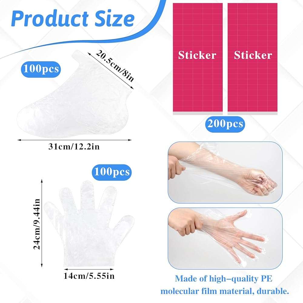 200pcs Paraffin Wax Bath Liners, Plastic Foot Covers with 200 Stickers Disposable Plastic Gloves for Hair Coloring,Pedicure Liners Supplies - Image 4