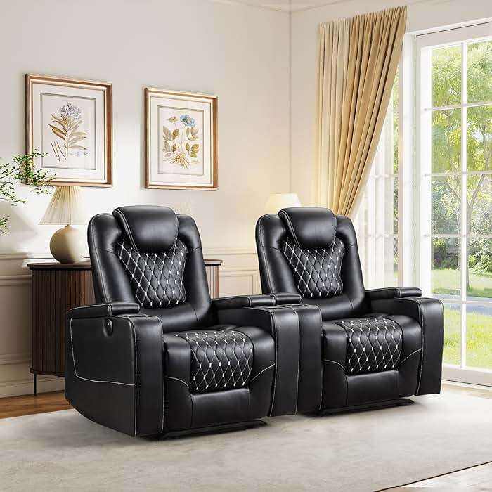 ANJ Power Recliner Chair with USB Ports and Cup Holders - Overstuffed Electric Home Theater Seating PU Leather Reclining Furniture with Hidden Arm Storage, Easy to Clean (Set of 2, Black) - Image 1