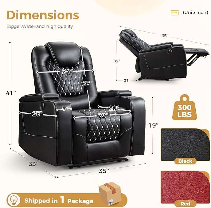 ANJ Power Recliner Chair with USB Ports and Cup Holders - Overstuffed Electric Home Theater Seating PU Leather Reclining Furniture with Hidden Arm Storage, Easy to Clean (Set of 2, Black) - Image 2