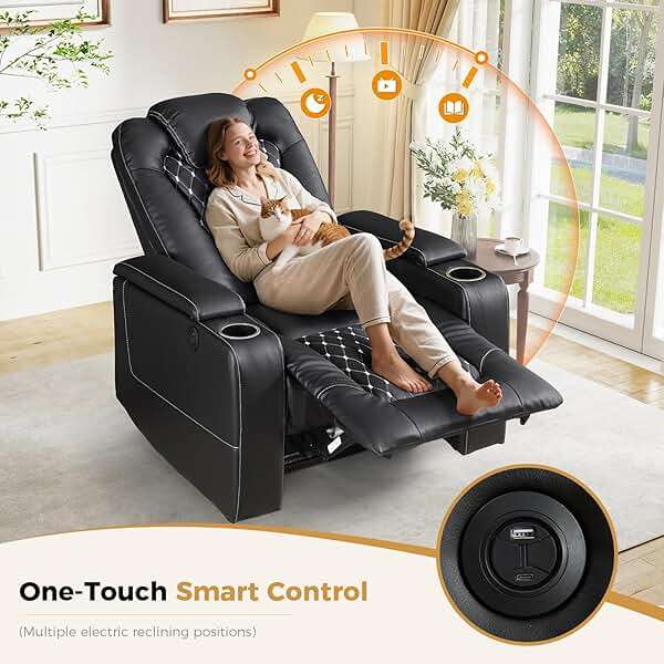 ANJ Power Recliner Chair with USB Ports and Cup Holders - Overstuffed Electric Home Theater Seating PU Leather Reclining Furniture with Hidden Arm Storage, Easy to Clean (Set of 2, Black) - Image 3