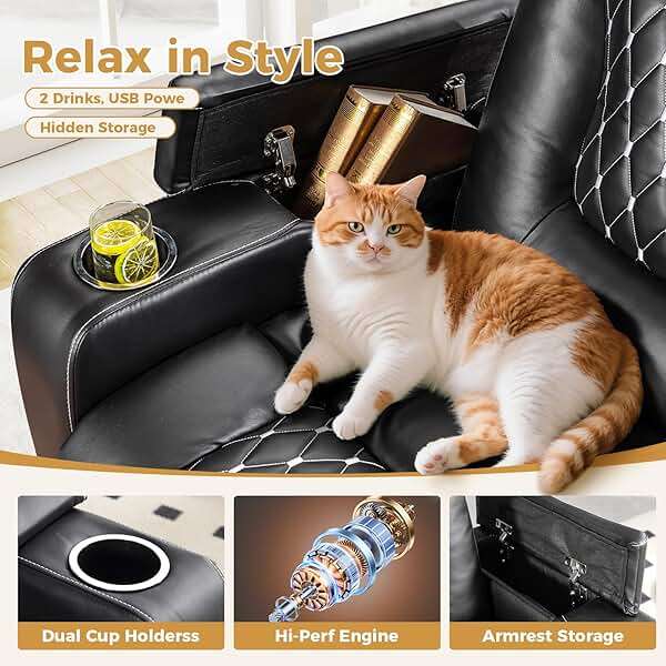 ANJ Power Recliner Chair with USB Ports and Cup Holders - Overstuffed Electric Home Theater Seating PU Leather Reclining Furniture with Hidden Arm Storage, Easy to Clean (Set of 2, Black) - Image 4
