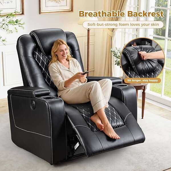 ANJ Power Recliner Chair with USB Ports and Cup Holders - Overstuffed Electric Home Theater Seating PU Leather Reclining Furniture with Hidden Arm Storage, Easy to Clean (Set of 2, Black) - Image 5
