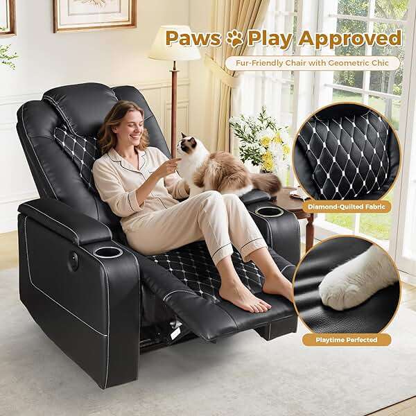 ANJ Power Recliner Chair with USB Ports and Cup Holders - Overstuffed Electric Home Theater Seating PU Leather Reclining Furniture with Hidden Arm Storage, Easy to Clean (Set of 2, Black) - Image 6