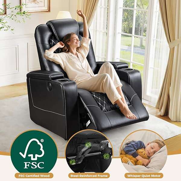 ANJ Power Recliner Chair with USB Ports and Cup Holders - Overstuffed Electric Home Theater Seating PU Leather Reclining Furniture with Hidden Arm Storage, Easy to Clean (Set of 2, Black) - Image 8