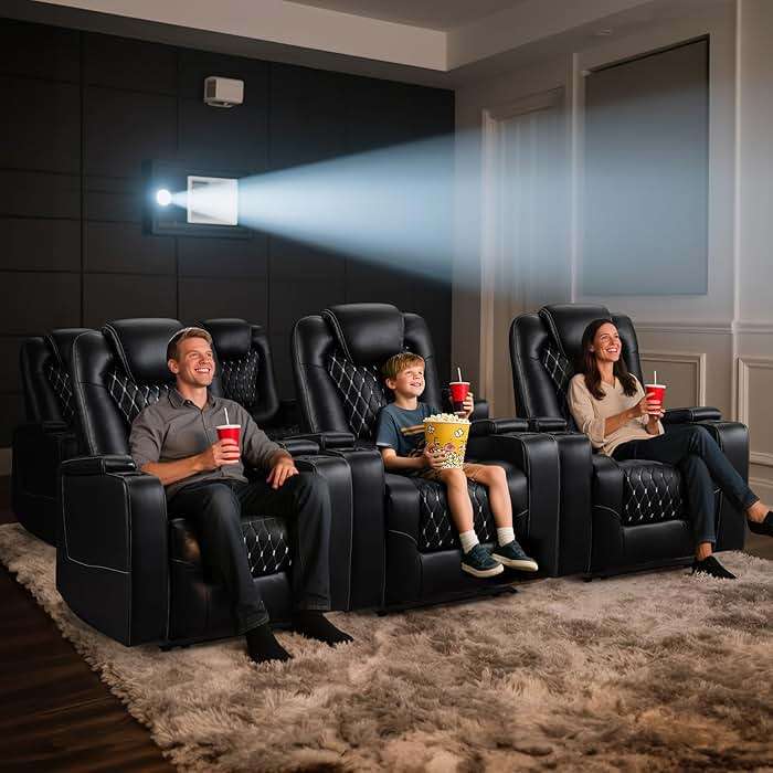 ANJ Power Recliner Chair with USB Ports and Cup Holders - Overstuffed Electric Home Theater Seating PU Leather Reclining Furniture with Hidden Arm Storage, Easy to Clean (Set of 2, Black) - Image 9