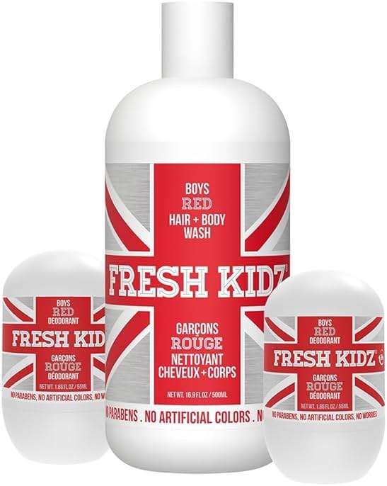 Fresh Kidz Hair & Body Wash 16.9 fl.oz. and 2 Roll On Deodorants 1.86 fl.oz. for Kids and Teens - Boys "Red" Set - Image 1