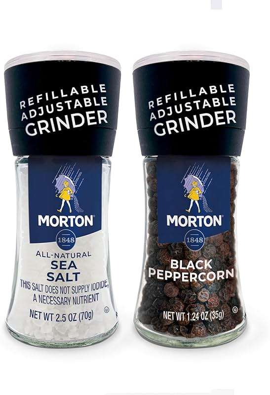 Morton Grinder Set - Sea Salt (2.5 oz) & Black Peppercorn (1.25 oz), 2-Pack, Adjustable & Refillable, Perfect for Cooking, Seasoning, and Finishing - Image 1
