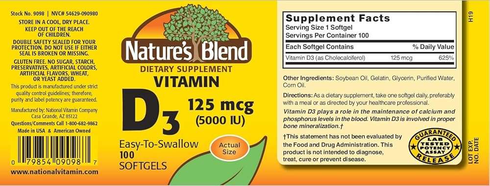 Nature's Blend Vitamin D3 125 MCG (5000 IU) Easy-to-Swallow, 100 SOFTGELS - Image 2