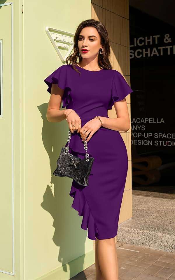 Memoriesea Women's Vintage Church Ruffle Sleeve Ruched Bodycon Work Midi Pencil Dress - Image 5