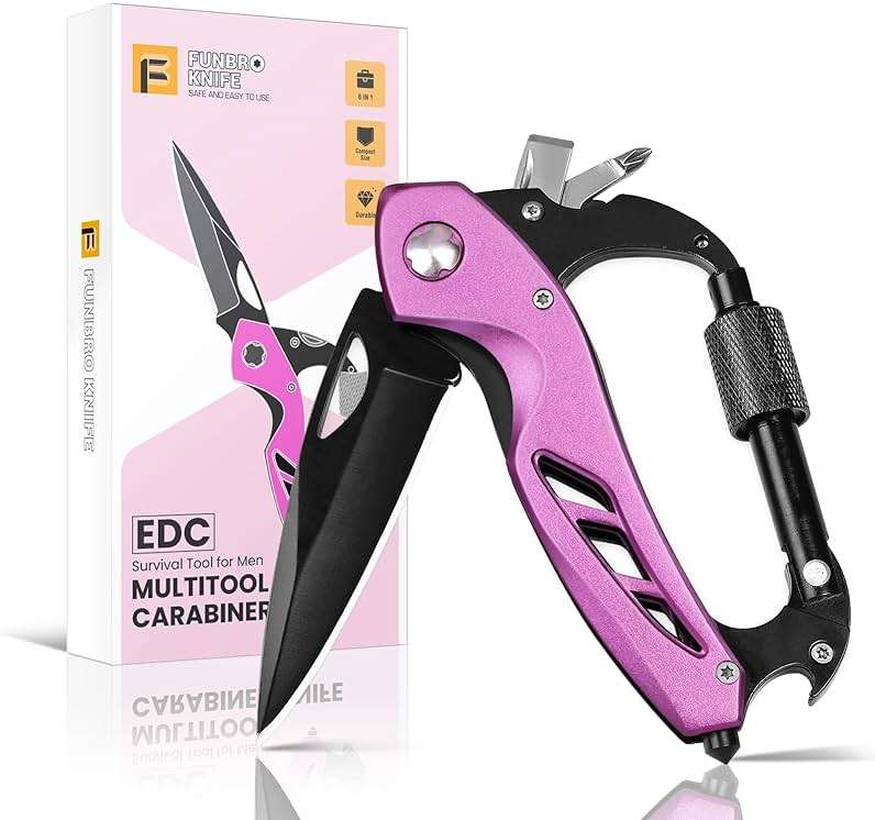 FUNBRO Pink Multitool Carabiner, Stocking Stuffers Gifts for Mom Women Wife, 6-in-1 Keychain Multi Tools with Window Breaker, Bottle Opener and Screwdriver, EDC Gear Gadget for Camping Hiking - Image 1