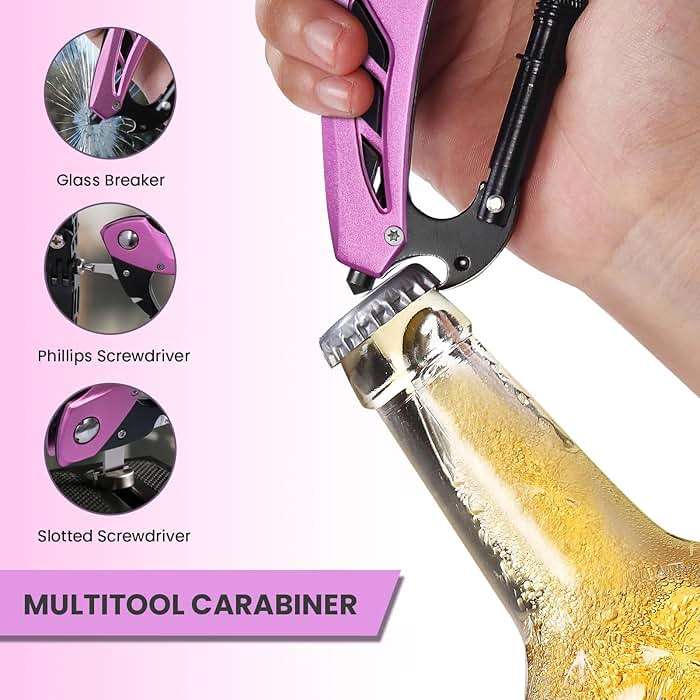 FUNBRO Pink Multitool Carabiner, Stocking Stuffers Gifts for Mom Women Wife, 6-in-1 Keychain Multi Tools with Window Breaker, Bottle Opener and Screwdriver, EDC Gear Gadget for Camping Hiking - Image 3