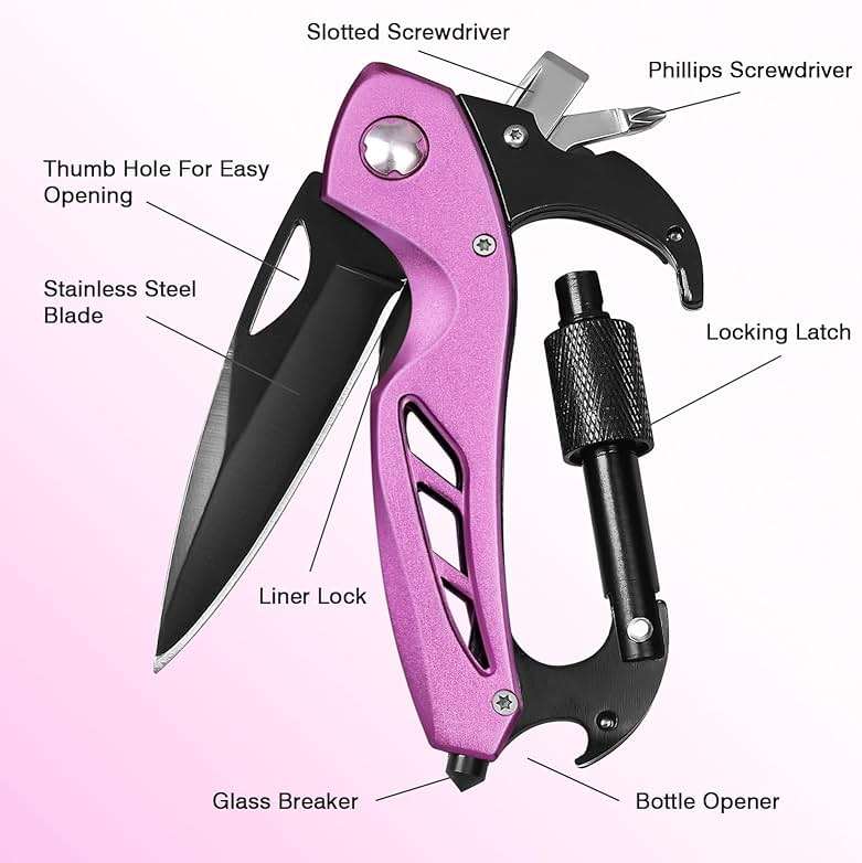 FUNBRO Pink Multitool Carabiner, Stocking Stuffers Gifts for Mom Women Wife, 6-in-1 Keychain Multi Tools with Window Breaker, Bottle Opener and Screwdriver, EDC Gear Gadget for Camping Hiking - Image 5