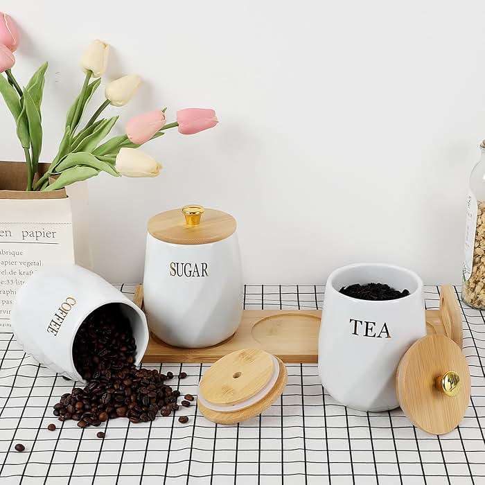 OGANAZI 3 Pack Ceramic Canister Set with Bamboo Lids and Handle Tray, Coffee Tea Sugar Container Set, White Ceramic Storage Jar Kitchen Canister for Countertop - Image 2