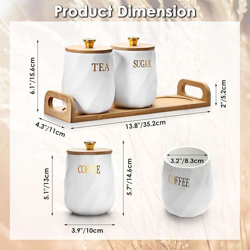 OGANAZI 3 Pack Ceramic Canister Set with Bamboo Lids and Handle Tray, Coffee Tea Sugar Container Set, White Ceramic Storage Jar Kitchen Canister for Countertop - Image 3