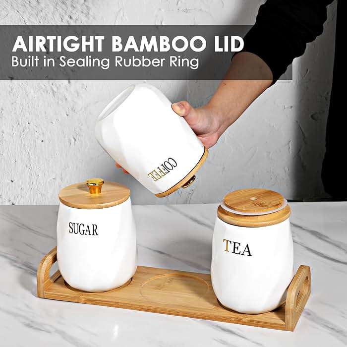 OGANAZI 3 Pack Ceramic Canister Set with Bamboo Lids and Handle Tray, Coffee Tea Sugar Container Set, White Ceramic Storage Jar Kitchen Canister for Countertop - Image 4