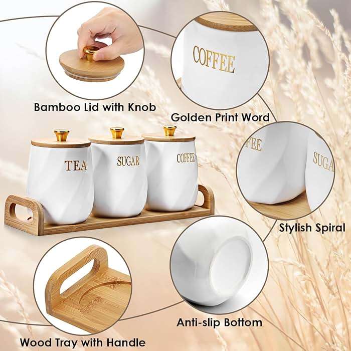 OGANAZI 3 Pack Ceramic Canister Set with Bamboo Lids and Handle Tray, Coffee Tea Sugar Container Set, White Ceramic Storage Jar Kitchen Canister for Countertop - Image 5