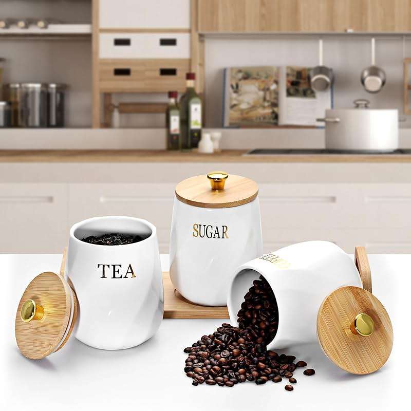 OGANAZI 3 Pack Ceramic Canister Set with Bamboo Lids and Handle Tray, Coffee Tea Sugar Container Set, White Ceramic Storage Jar Kitchen Canister for Countertop - Image 6