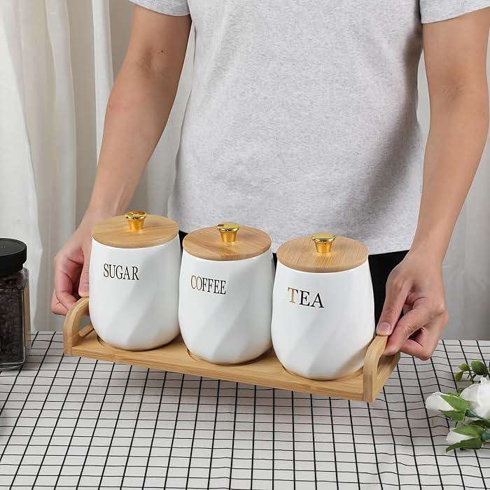 OGANAZI 3 Pack Ceramic Canister Set with Bamboo Lids and Handle Tray, Coffee Tea Sugar Container Set, White Ceramic Storage Jar Kitchen Canister for Countertop - Image 7