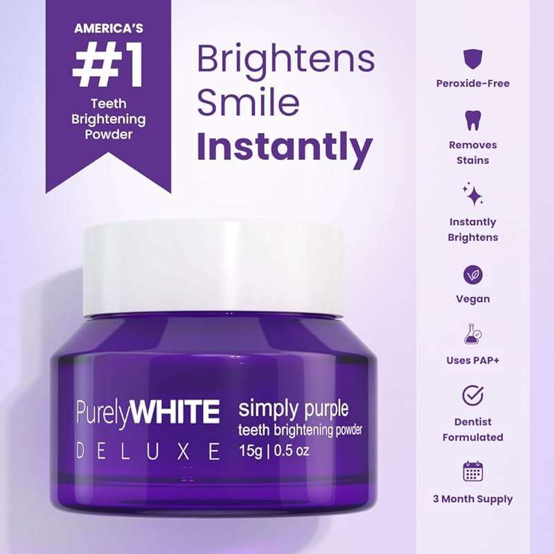 PurelyWHITE DELUXE, Simply Purple Brightening Powder - Conceals Stains, No Sensitivity - Enamel-Safe Toothpaste Whitening Powder for Coffee, Tea, Food, Wine, and Tobacco Stains. - Image 2