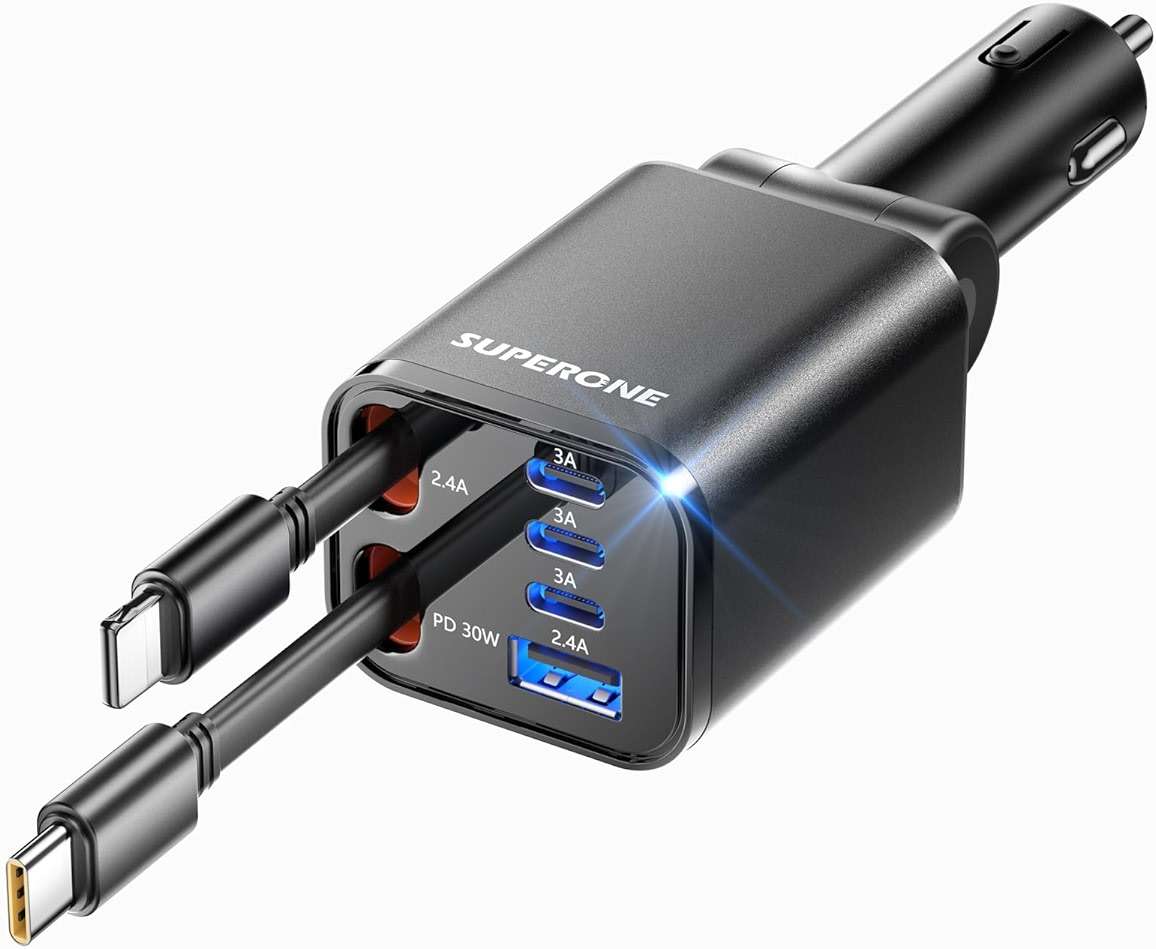 Retractable Car Charger, SUPERONE 99W Car Phone Charger with Cables Fast Charging, USB C Car Charger Adapter for iPhone 17 16 15 14 13 12, Samsung, Black - Image 1