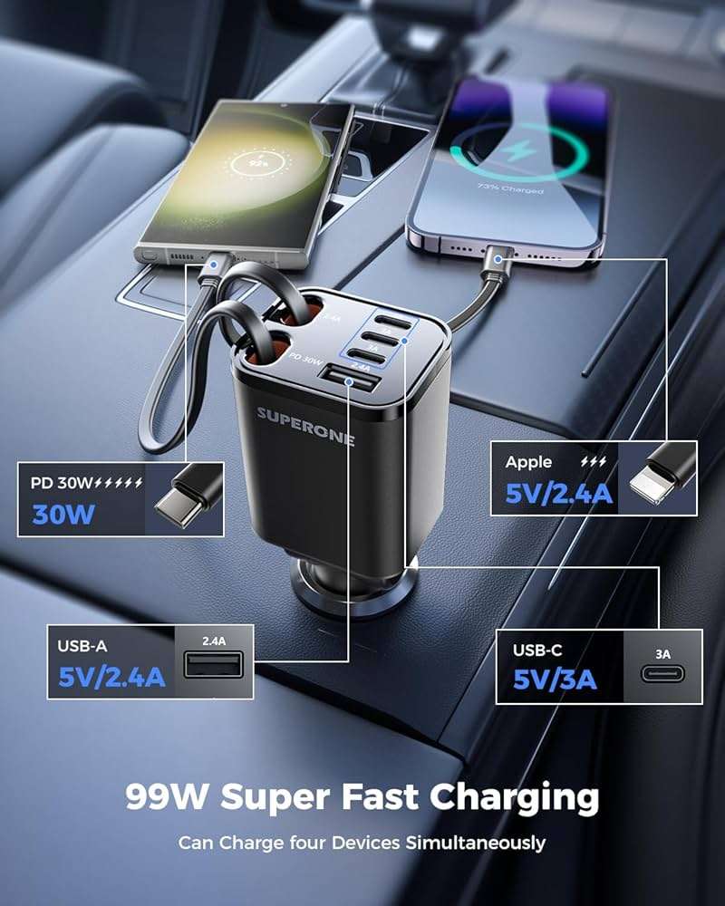 Retractable Car Charger, SUPERONE 99W Car Phone Charger with Cables Fast Charging, USB C Car Charger Adapter for iPhone 17 16 15 14 13 12, Samsung, Black - Image 4