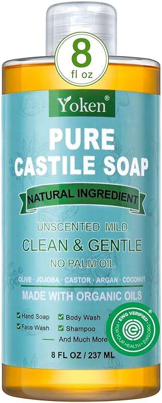 Yoken Pure Castile Liquid Soap Organic (EWG Verified, Unscented, 8 OZ), Made with Organic Oils, No Added Fragrance, Vegan, Castile Soap Liquid for Face, Laundry, Dishes, Sensitive Skin, Travel soaps - Image 1