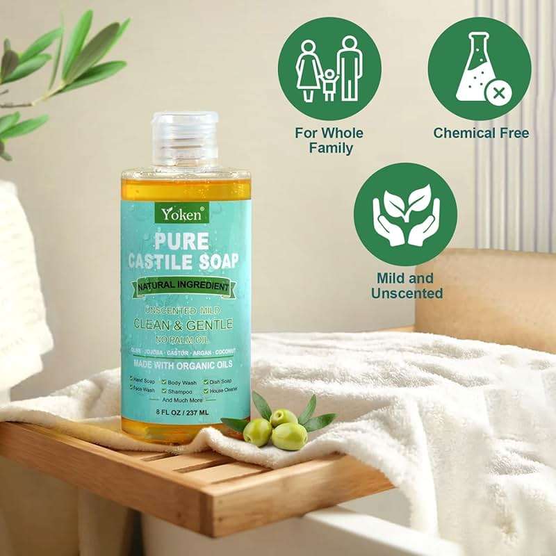 Yoken Pure Castile Liquid Soap Organic (EWG Verified, Unscented, 8 OZ), Made with Organic Oils, No Added Fragrance, Vegan, Castile Soap Liquid for Face, Laundry, Dishes, Sensitive Skin, Travel soaps - Image 2