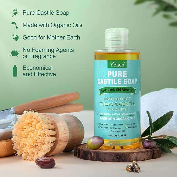 Yoken Pure Castile Liquid Soap Organic (EWG Verified, Unscented, 8 OZ), Made with Organic Oils, No Added Fragrance, Vegan, Castile Soap Liquid for Face, Laundry, Dishes, Sensitive Skin, Travel soaps - Image 5