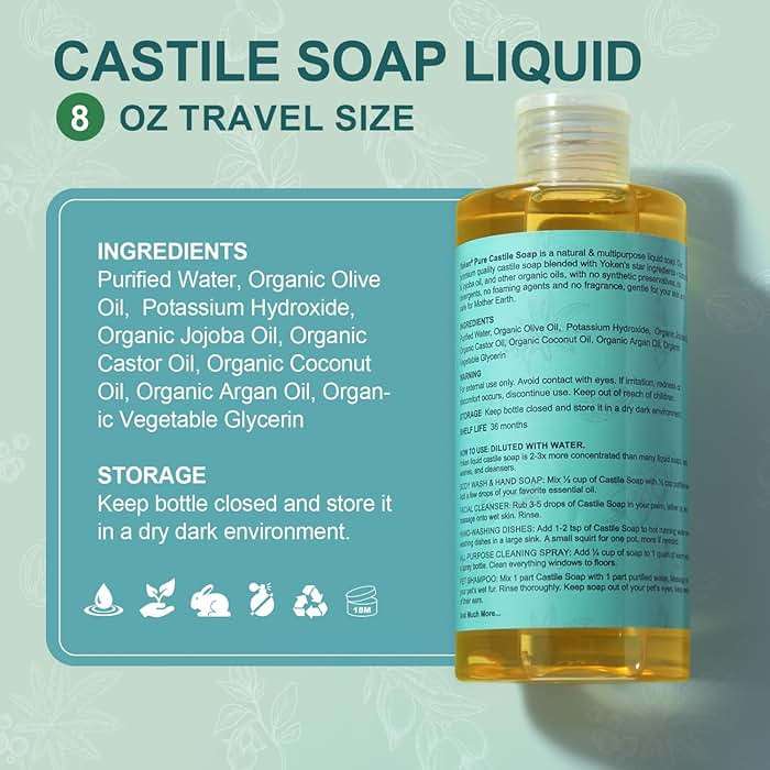 Yoken Pure Castile Liquid Soap Organic (EWG Verified, Unscented, 8 OZ), Made with Organic Oils, No Added Fragrance, Vegan, Castile Soap Liquid for Face, Laundry, Dishes, Sensitive Skin, Travel soaps - Image 6