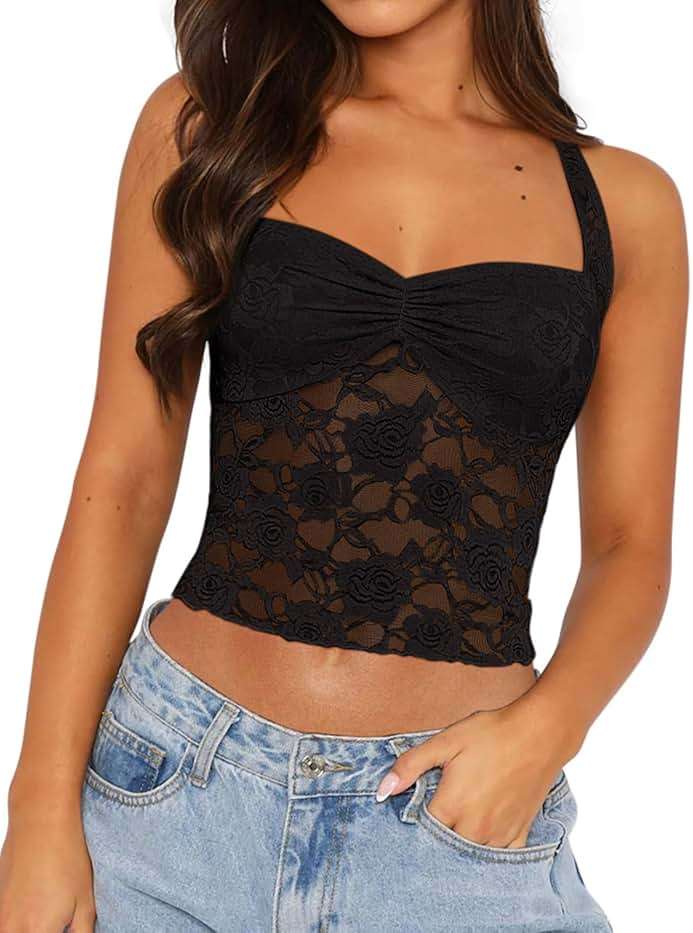 REORIA Lace Tops for Women Halter Sexy Going Out Tank Crop Y2K Fashion Top 2026 Trendy - Image 1