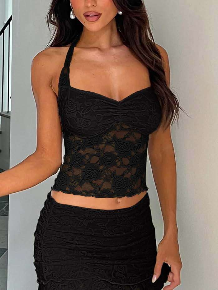 REORIA Lace Tops for Women Halter Sexy Going Out Tank Crop Y2K Fashion Top 2026 Trendy - Image 3