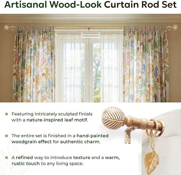 Zeerobee Wood Curtain Rods for Windows 66 to 120, 1 Inch Heavy Duty Drapery Rods with Imitation Wood Grain Leaf Pattern Finials, Indoor/Outdoor Modern Curtain Pole, 32"-120", Brown - Image 3