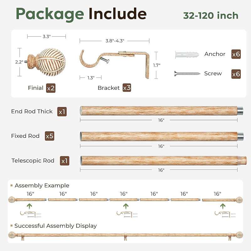 Zeerobee Wood Curtain Rods for Windows 66 to 120, 1 Inch Heavy Duty Drapery Rods with Imitation Wood Grain Leaf Pattern Finials, Indoor/Outdoor Modern Curtain Pole, 32"-120", Brown - Image 8