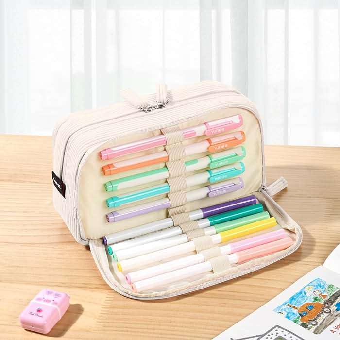Sooez Big Capacity Pencil Case Pen Pouch, Soft Corduroy Pencil Bag with 3 Compartment, Multiple Pockets, Sturdy Zipper, Cute School Supplies Pen Bag Organizer For Teen Girls College, Beige - Image 2