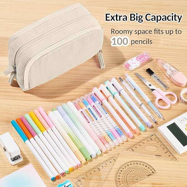 Sooez Big Capacity Pencil Case Pen Pouch, Soft Corduroy Pencil Bag with 3 Compartment, Multiple Pockets, Sturdy Zipper, Cute School Supplies Pen Bag Organizer For Teen Girls College, Beige - Image 4