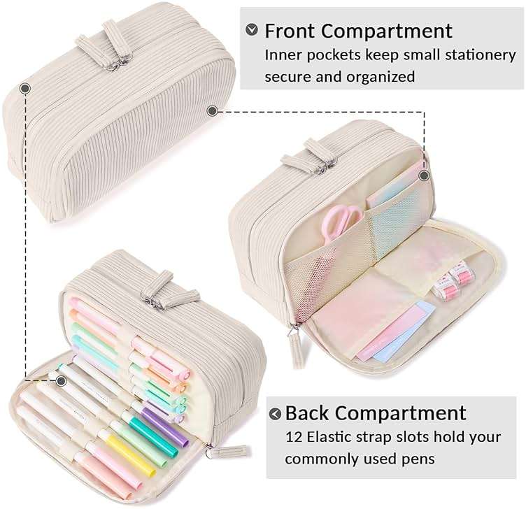 Sooez Big Capacity Pencil Case Pen Pouch, Soft Corduroy Pencil Bag with 3 Compartment, Multiple Pockets, Sturdy Zipper, Cute School Supplies Pen Bag Organizer For Teen Girls College, Beige - Image 5