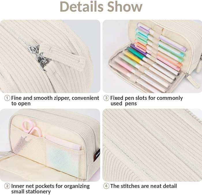 Sooez Big Capacity Pencil Case Pen Pouch, Soft Corduroy Pencil Bag with 3 Compartment, Multiple Pockets, Sturdy Zipper, Cute School Supplies Pen Bag Organizer For Teen Girls College, Beige - Image 6
