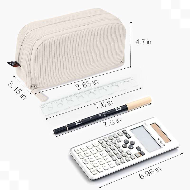 Sooez Big Capacity Pencil Case Pen Pouch, Soft Corduroy Pencil Bag with 3 Compartment, Multiple Pockets, Sturdy Zipper, Cute School Supplies Pen Bag Organizer For Teen Girls College, Beige - Image 7