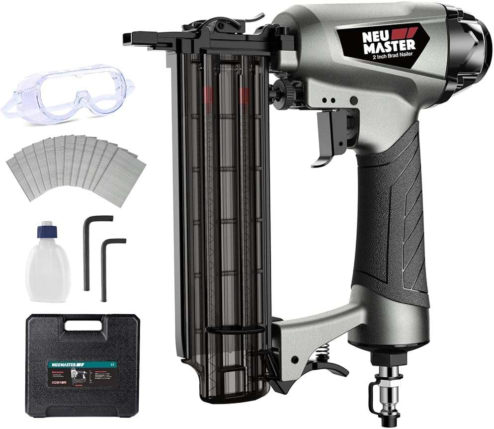 NEU MASTER 18 Gauge Brad Nailer, Pneumatic Nail Gun with Carrying Case & 800pcs Nails, Fires 5/8 to 2-Inch Brad Nails, Tool-Free Depth Adjustment, 360° Adjustable Exhaust, for Woodworking & Crafts - Image 1