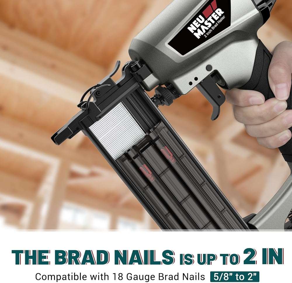 NEU MASTER 18 Gauge Brad Nailer, Pneumatic Nail Gun with Carrying Case & 800pcs Nails, Fires 5/8 to 2-Inch Brad Nails, Tool-Free Depth Adjustment, 360° Adjustable Exhaust, for Woodworking & Crafts - Image 4