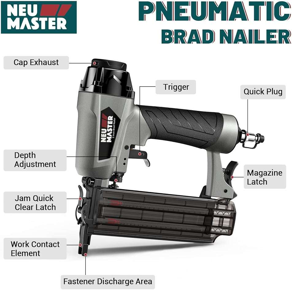 NEU MASTER 18 Gauge Brad Nailer, Pneumatic Nail Gun with Carrying Case & 800pcs Nails, Fires 5/8 to 2-Inch Brad Nails, Tool-Free Depth Adjustment, 360° Adjustable Exhaust, for Woodworking & Crafts - Image 5