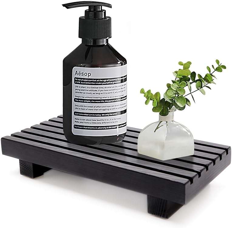 Renawe Small Black Bathroom Decor Tray for Counter Dish Soap Holder Wooden Pedestal Stand for Kitchen Sink Soap Dispenser Wood Risers Kitchen Accessories Countertop Vanity Counter Sponge Sink Tray - Image 1