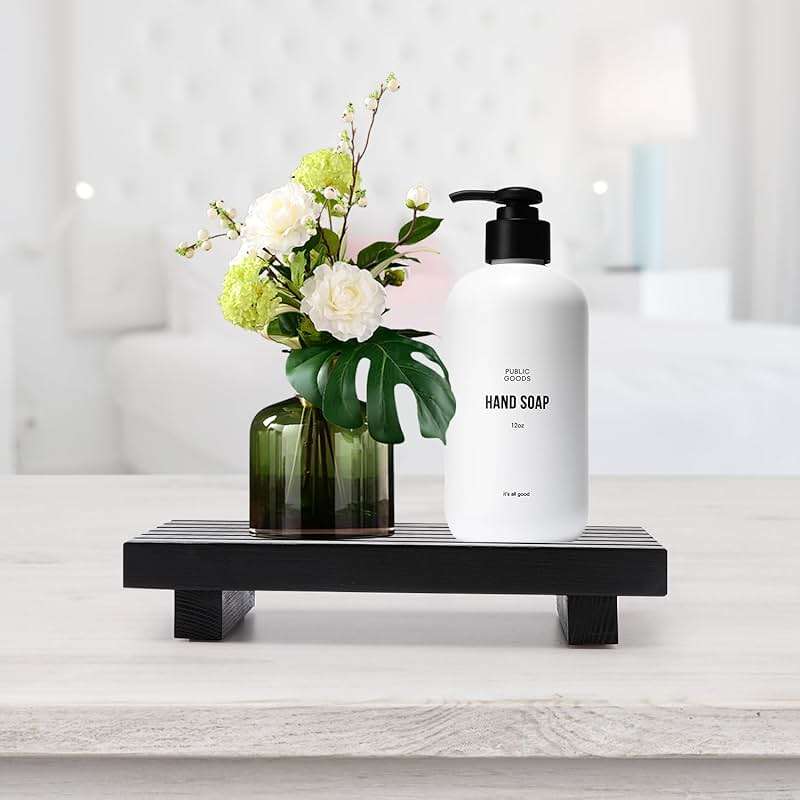 Renawe Small Black Bathroom Decor Tray for Counter Dish Soap Holder Wooden Pedestal Stand for Kitchen Sink Soap Dispenser Wood Risers Kitchen Accessories Countertop Vanity Counter Sponge Sink Tray - Image 2