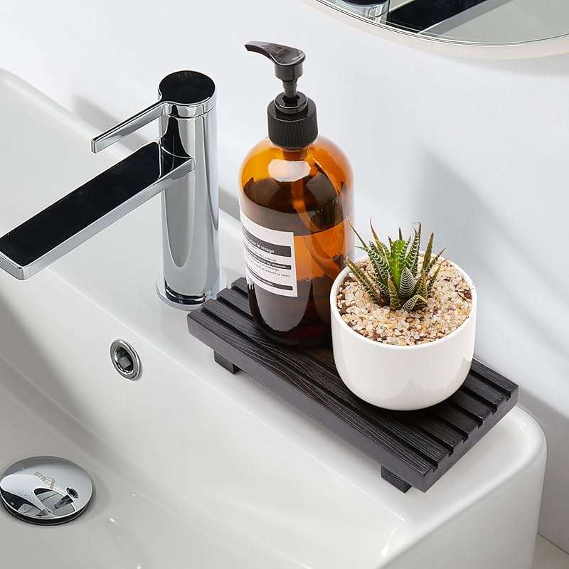 Renawe Small Black Bathroom Decor Tray for Counter Dish Soap Holder Wooden Pedestal Stand for Kitchen Sink Soap Dispenser Wood Risers Kitchen Accessories Countertop Vanity Counter Sponge Sink Tray - Image 3