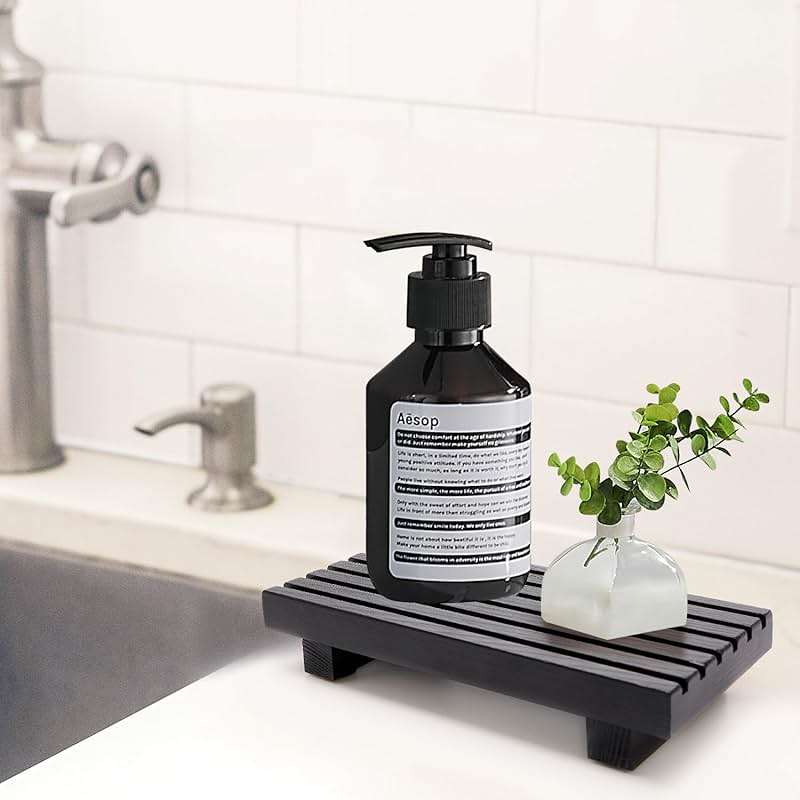 Renawe Small Black Bathroom Decor Tray for Counter Dish Soap Holder Wooden Pedestal Stand for Kitchen Sink Soap Dispenser Wood Risers Kitchen Accessories Countertop Vanity Counter Sponge Sink Tray - Image 7